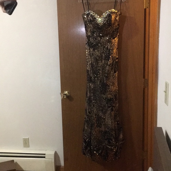 A Line Gold and Black Sequin Formal Prom Dress - Picture 4 of 9